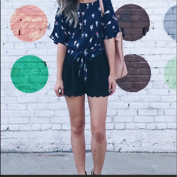 ZARA navy blue top short sleeves ice cream pattern front waist tie size large - Picture 4 of 11